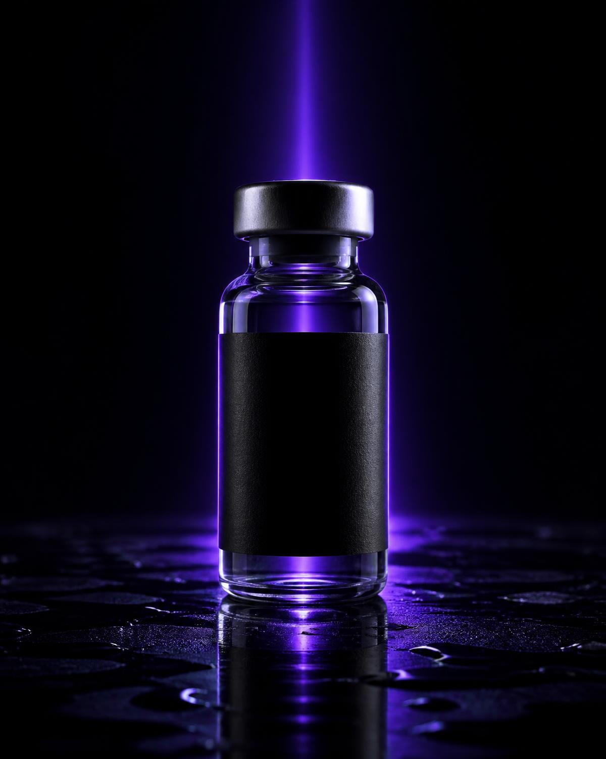 Research peptide vial lit with violet studio lighting